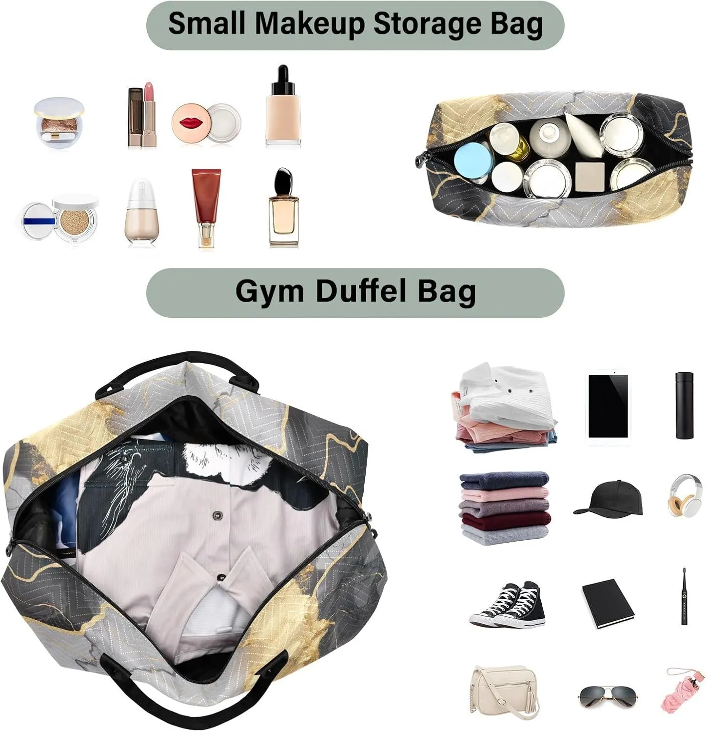 Gold Black Marble Texture Sports Gym Bag for Women Men Travel Duffel Bag Weekend Overnight Carry on Bag with Toiletry Bag Yoga Bag for Swimming Yoga Workout Hospital Plane