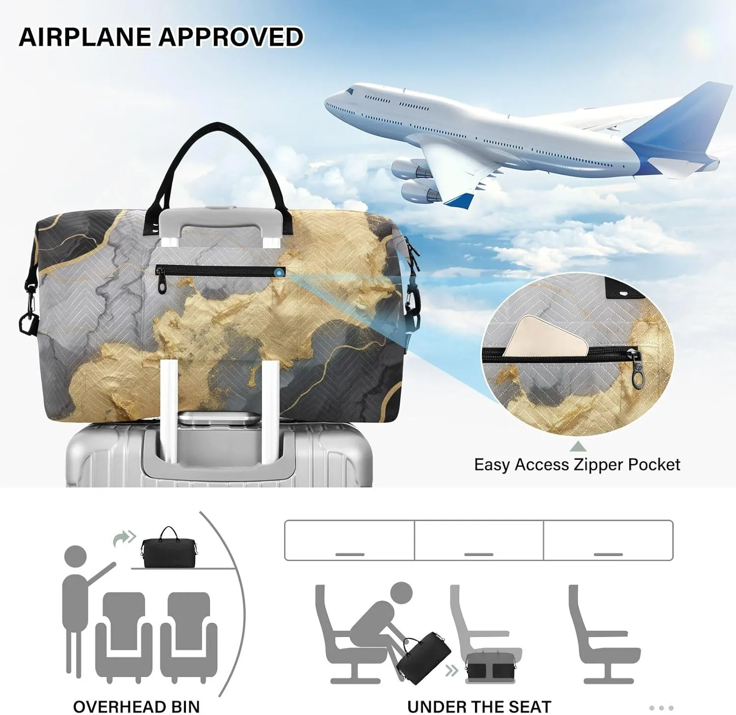 Gold Black Marble Texture Sports Gym Bag for Women Men Travel Duffel Bag Weekend Overnight Carry on Bag with Toiletry Bag Yoga Bag for Swimming Yoga Workout Hospital Plane