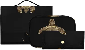 Gold Sea Turtle in Indigenous Tribal Polynesian Maori Tattoo on Dark 3 PCs Set Toiletry bags, 1 Women's Travel Cosmetic Bag, 1 Hanging Toiletry Wash Bag, 1 Brush Case, Portable Makeup Storage Case