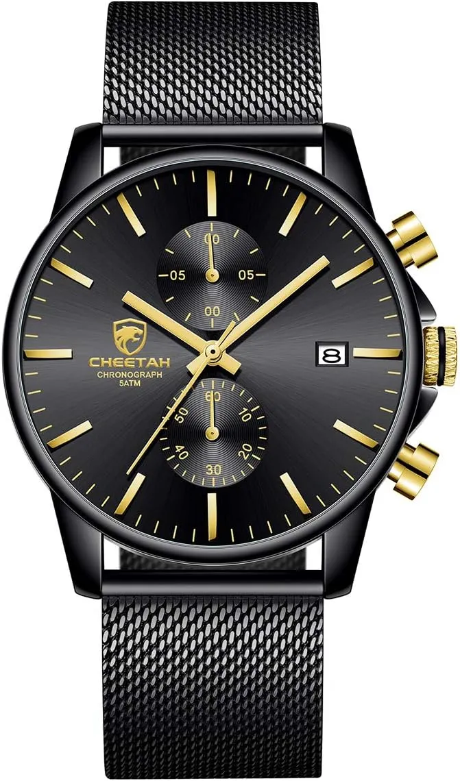 GOLDEN HOUR Mens Watch Fashion Sleek Minimalist Quartz Analog Mesh Stainless Steel Waterproof Chronograph Watches for Men with Auto Date