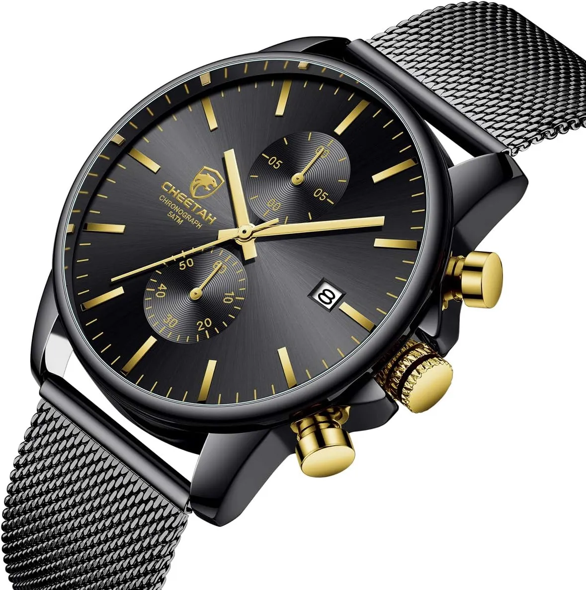 GOLDEN HOUR Mens Watch Fashion Sleek Minimalist Quartz Analog Mesh Stainless Steel Waterproof Chronograph Watches for Men with Auto Date