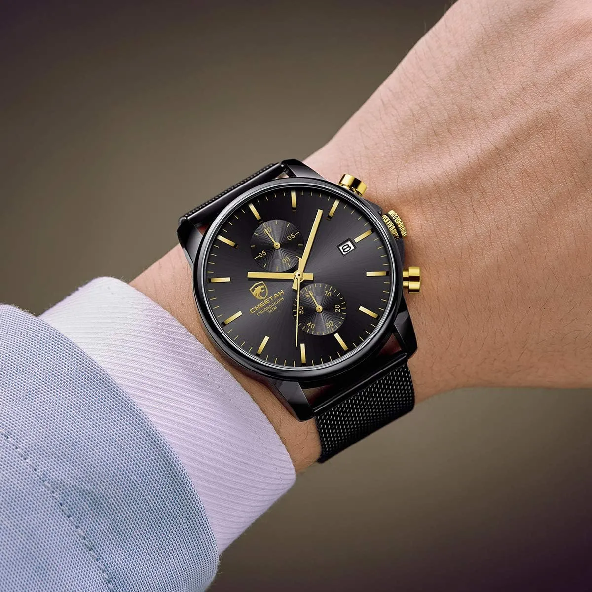GOLDEN HOUR Mens Watch Fashion Sleek Minimalist Quartz Analog Mesh Stainless Steel Waterproof Chronograph Watches for Men with Auto Date