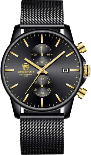GOLDEN HOUR Mens Watch Fashion Sleek Minimalist Quartz Analog Mesh Stainless Steel Waterproof Chronograph Watches for Men with Auto Date