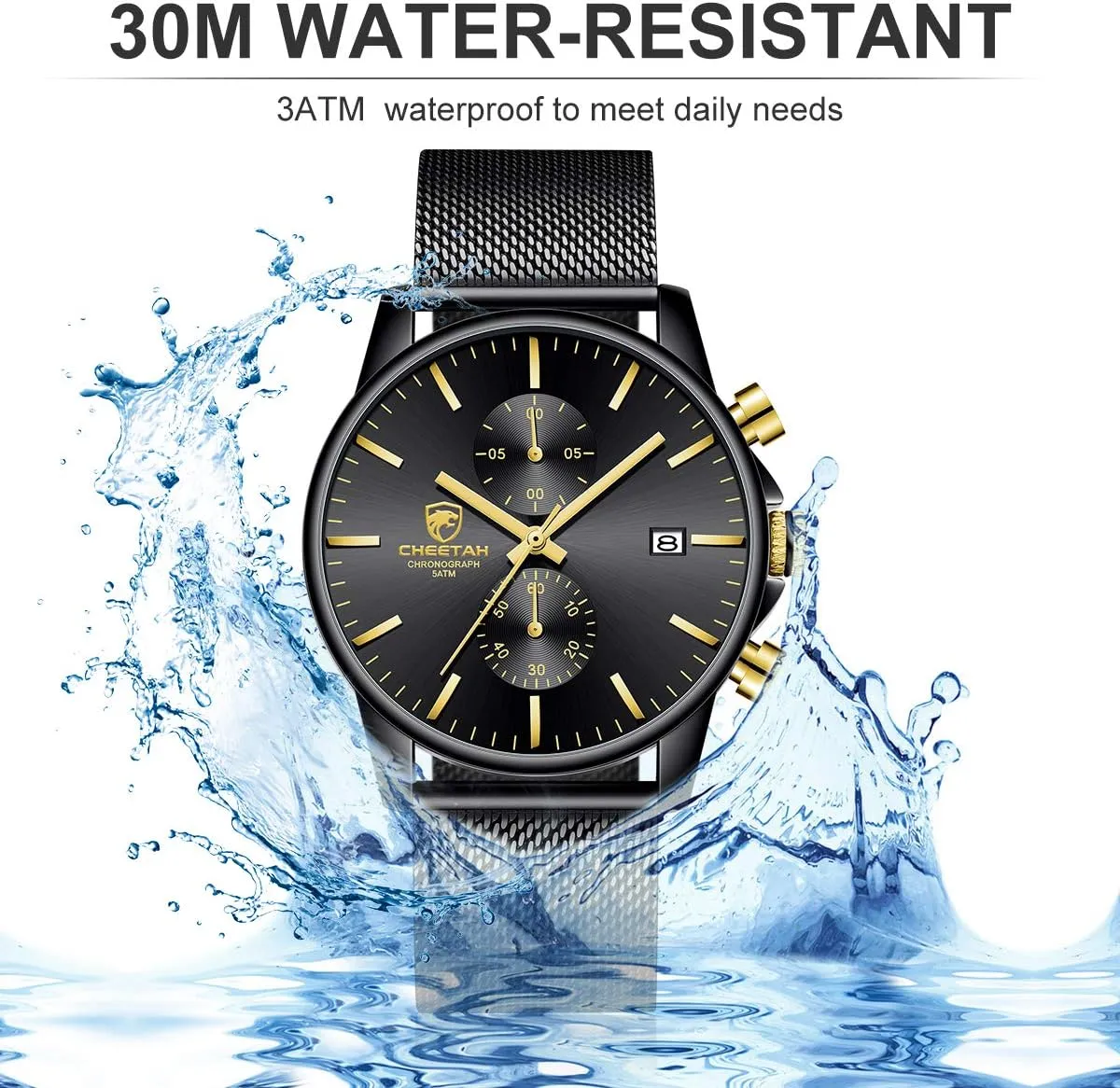 GOLDEN HOUR Mens Watch Fashion Sleek Minimalist Quartz Analog Mesh Stainless Steel Waterproof Chronograph Watches for Men with Auto Date