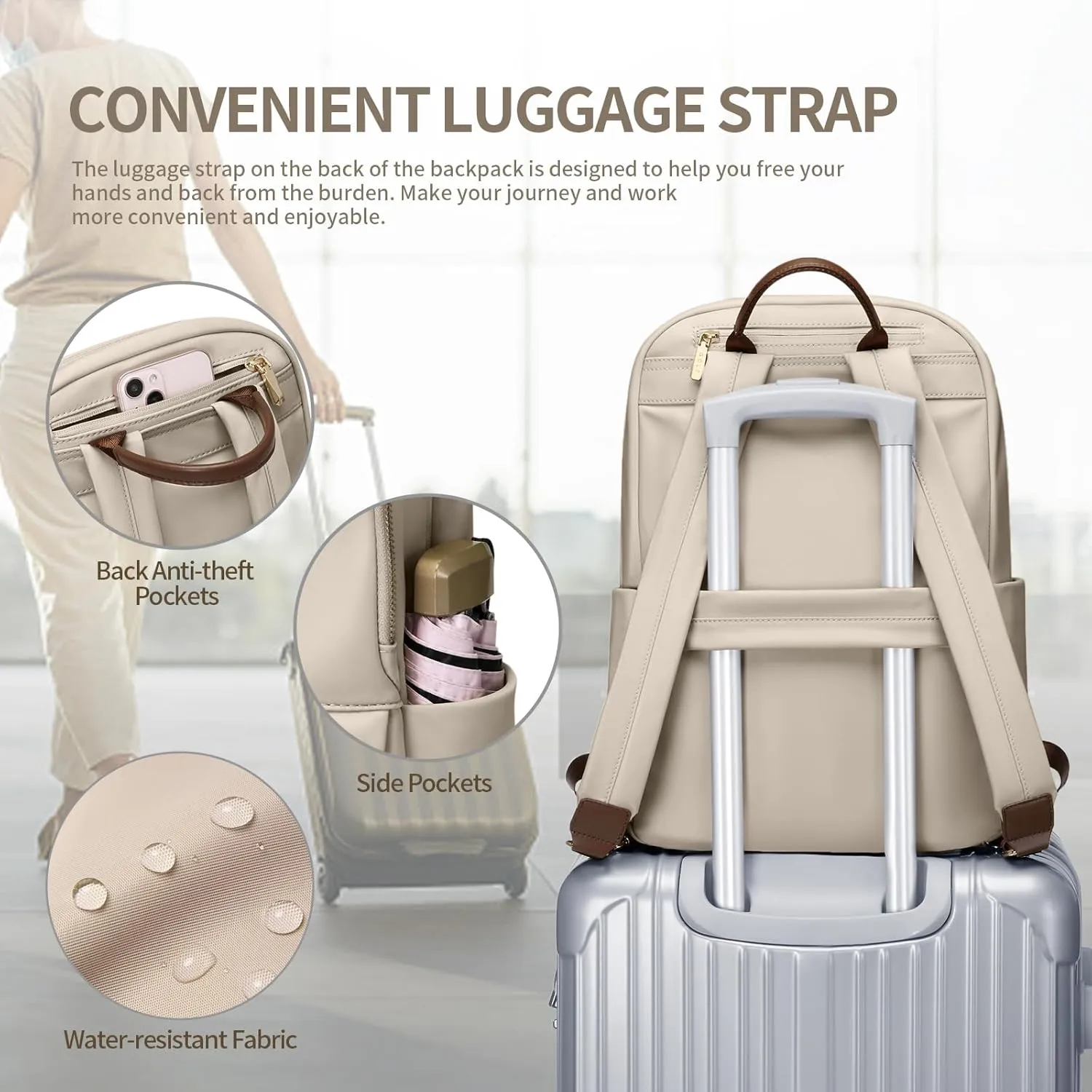 GOLF SUPAGS Laptop Backpack for Women Slim Computer Bag Work Travel College Backpack Purse Fits 14 Inch Notebook (Apricot)