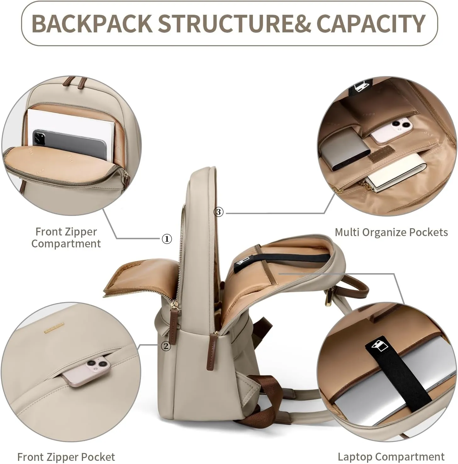 GOLF SUPAGS Laptop Backpack for Women Slim Computer Bag Work Travel College Backpack Purse Fits 14 Inch Notebook (Apricot)