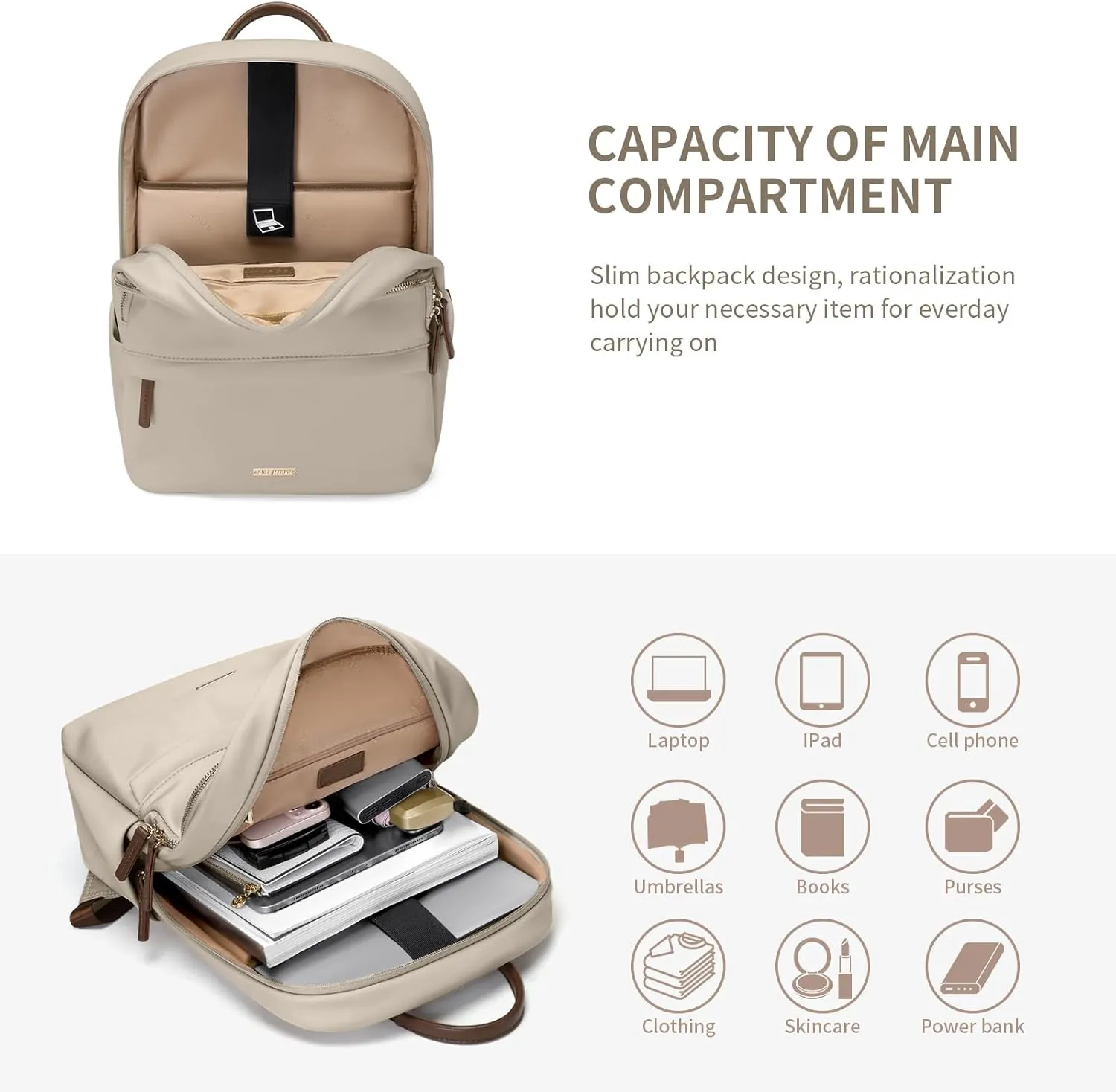 GOLF SUPAGS Laptop Backpack for Women Slim Computer Bag Work Travel College Backpack Purse Fits 15.6 Inch Notebook (Apricot)
