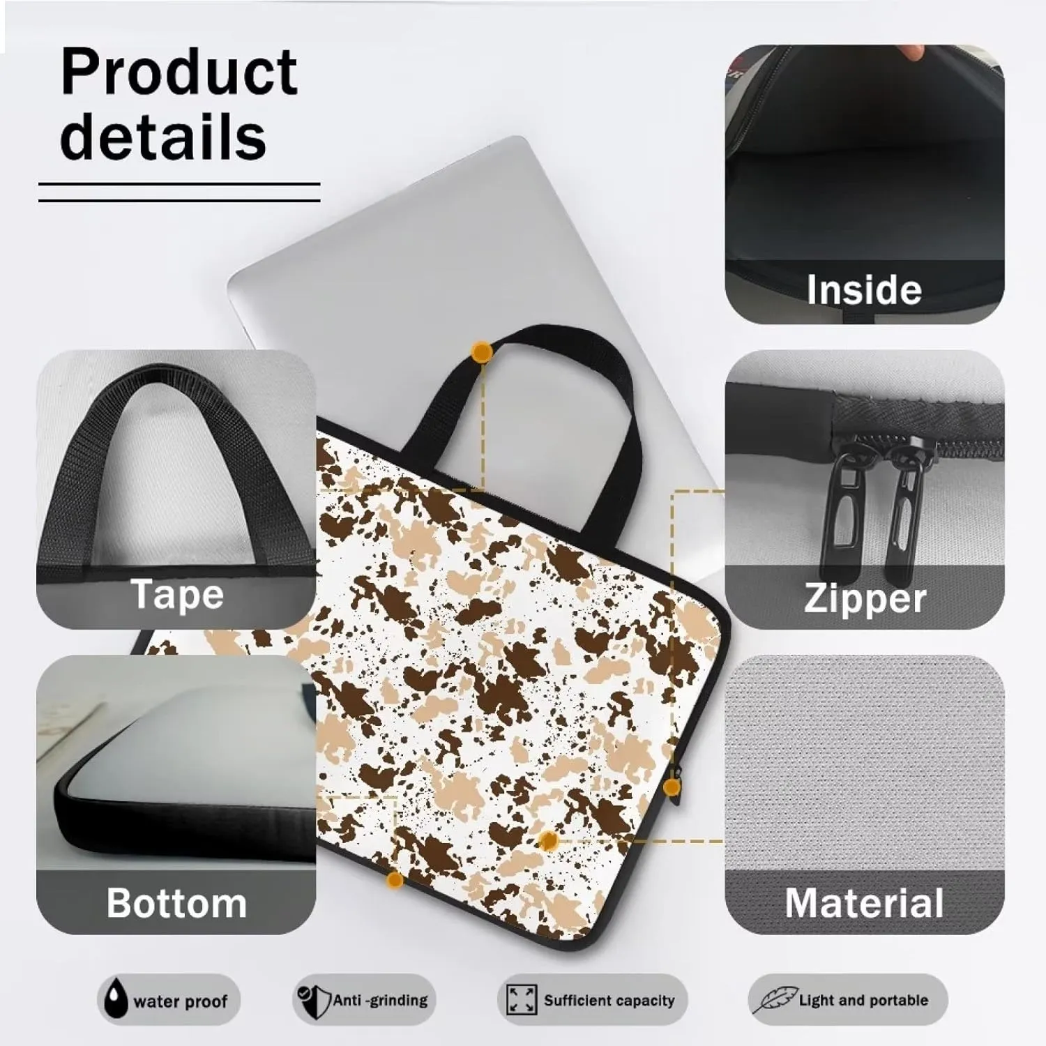 Gomyblomy Brown Cow Print Universal Laptop Bag, Fashionable Large Capacity Computer Handbag, Professional Business Work Briefcase, Suitable for 15 Inch Laptop