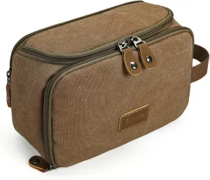 Gonex Travel Toiletry Bag for Men, Water Resistant Canvas Wide Open Dopp Kit with Wet Dry Compartment, Travel Essentials Toiletries Organizer Shaving Bag, Brown