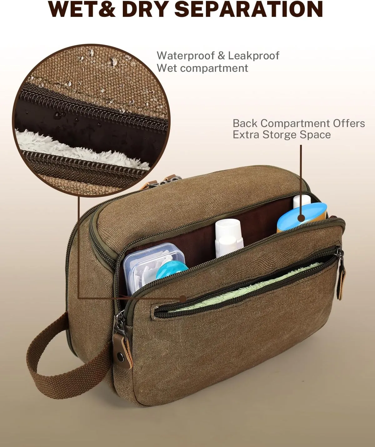 Gonex Travel Toiletry Bag for Men, Water Resistant Canvas Wide Open Dopp Kit with Wet Dry Compartment, Travel Essentials Toiletries Organizer Shaving Bag, Brown