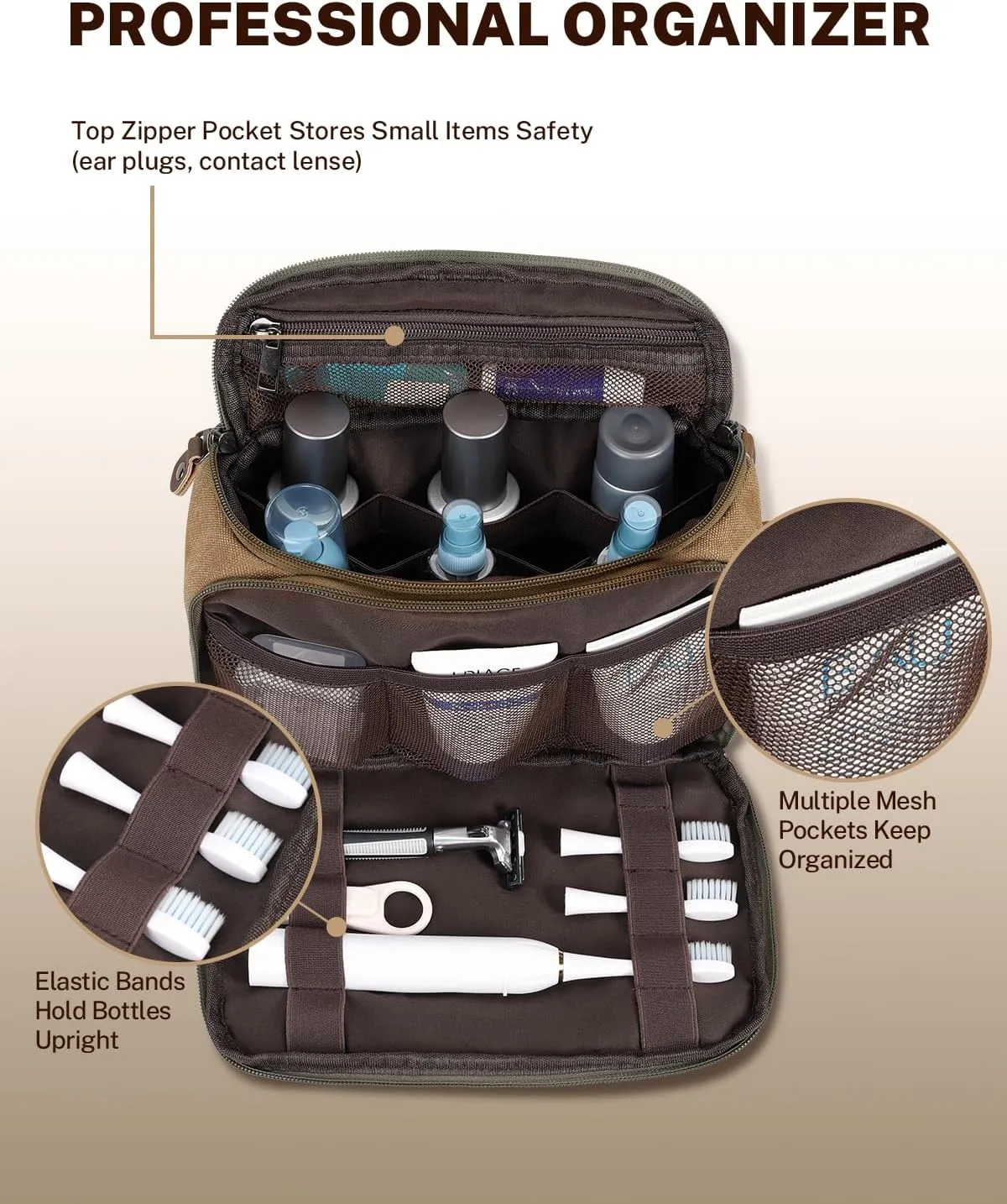 Gonex Travel Toiletry Bag for Men, Water Resistant Canvas Wide Open Dopp Kit with Wet Dry Compartment, Travel Essentials Toiletries Organizer Shaving Bag, Brown