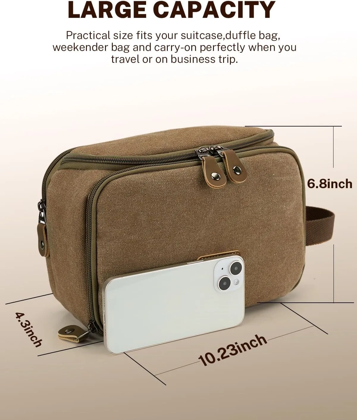Gonex Travel Toiletry Bag for Men, Water Resistant Canvas Wide Open Dopp Kit with Wet Dry Compartment, Travel Essentials Toiletries Organizer Shaving Bag, Brown