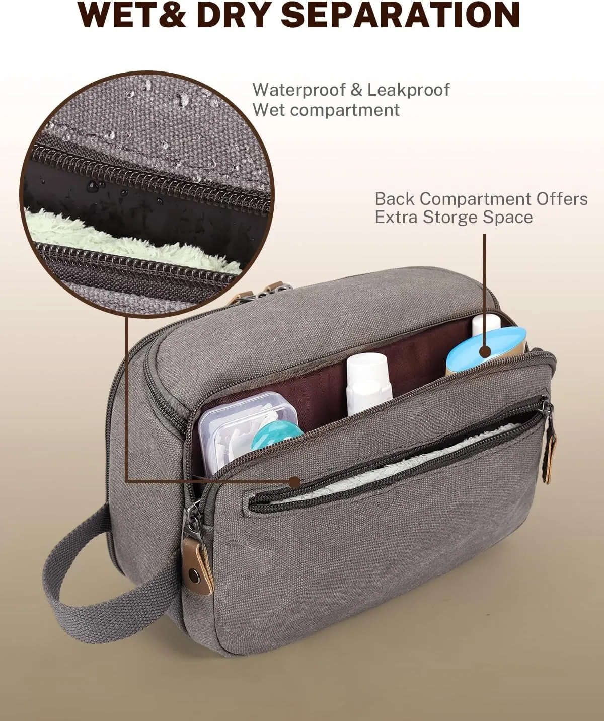 Gonex Travel Toiletry Bag for Men, Water Resistant Canvas Wide Open Dopp Kit with Wet Dry Compartment, Travel Essentials Toiletries Organizer Shaving Bag, Grey