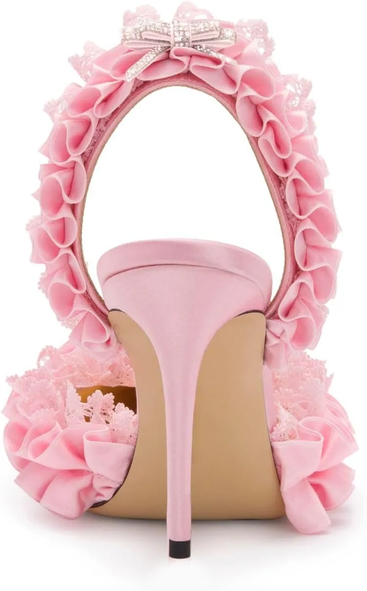 Goolita Bow Crystal-Embellished Slingback Heels For Women, Sexy Pointed Toe Stiletto High Heeled Sandals Ruffled Slip On Party Evening Pumps Shoes