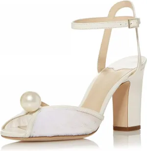 Goolita Full Pearl Heels For Women Block Buckle Ankle Strap Heeled Sandals Rhinestone Open Toe Evening Bridal Shoes For Wedding