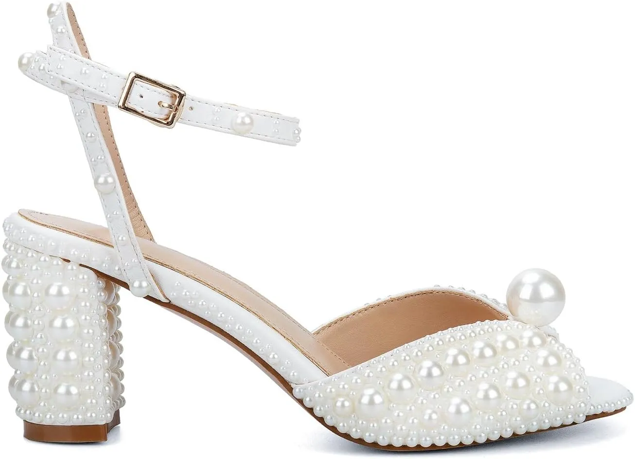 Goolita Full Pearl Heels For Women Block Buckle Ankle Strap Heeled Sandals Rhinestone Open Toe Evening Bridal Shoes For Wedding