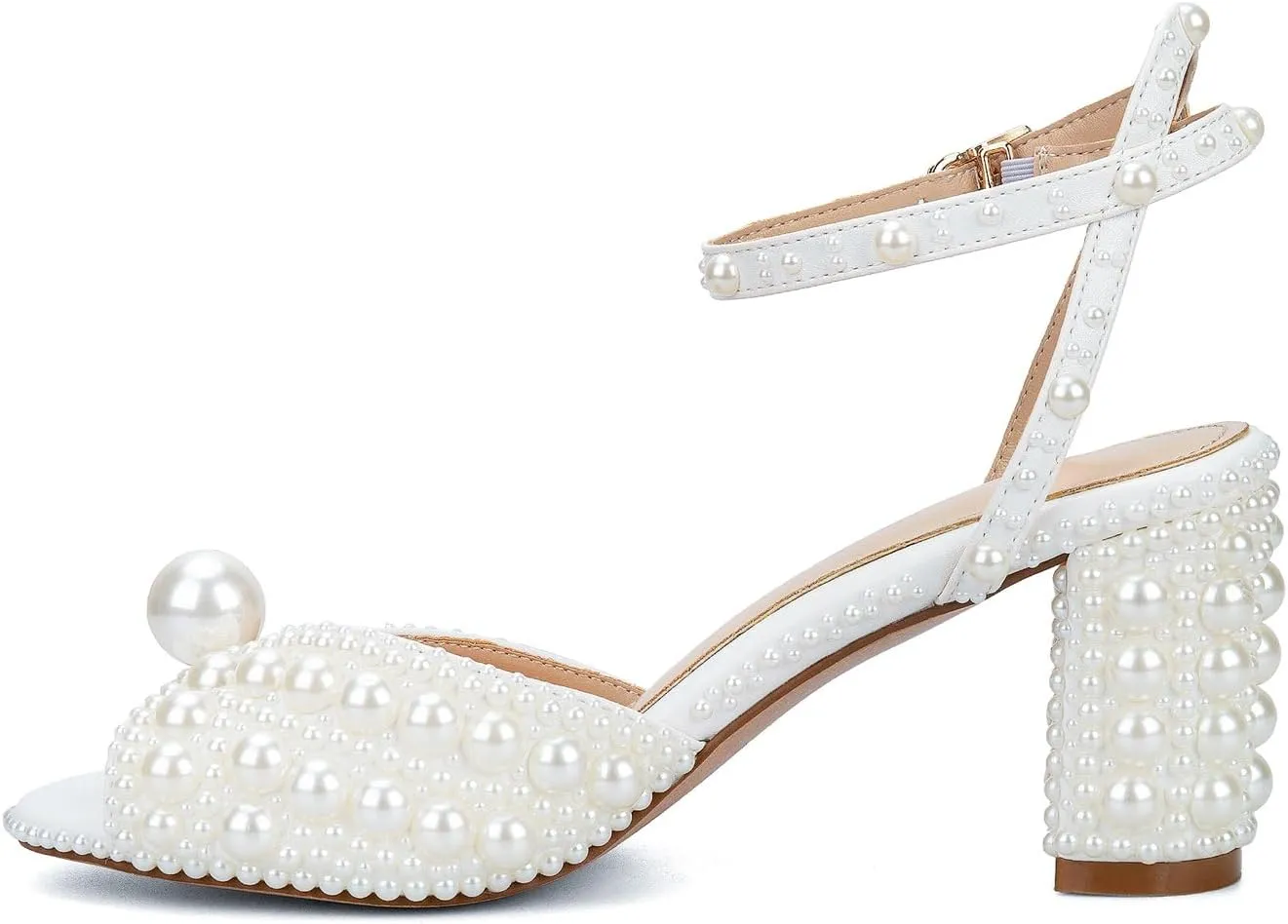 Goolita Full Pearl Heels For Women Block Buckle Ankle Strap Heeled Sandals Rhinestone Open Toe Evening Bridal Shoes For Wedding
