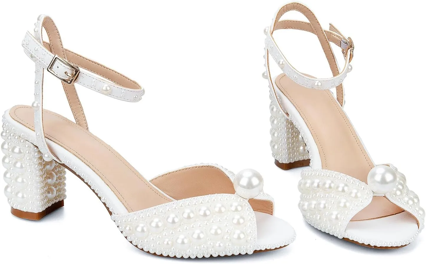 Goolita Full Pearl Heels For Women Block Buckle Ankle Strap Heeled Sandals Rhinestone Open Toe Evening Bridal Shoes For Wedding