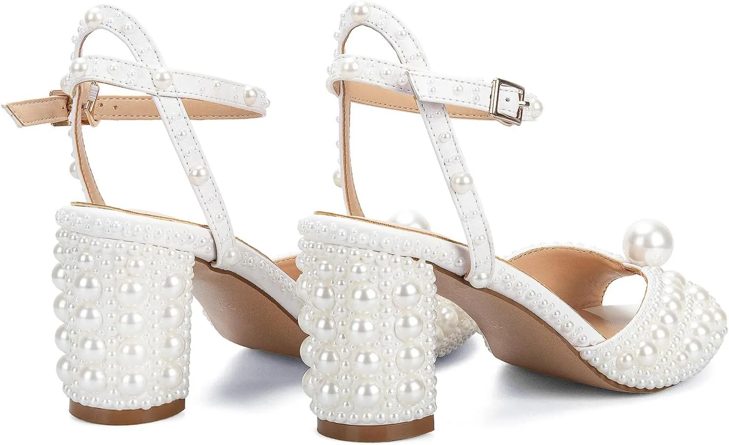 Goolita Full Pearl Heels For Women Block Buckle Ankle Strap Heeled Sandals Rhinestone Open Toe Evening Bridal Shoes For Wedding