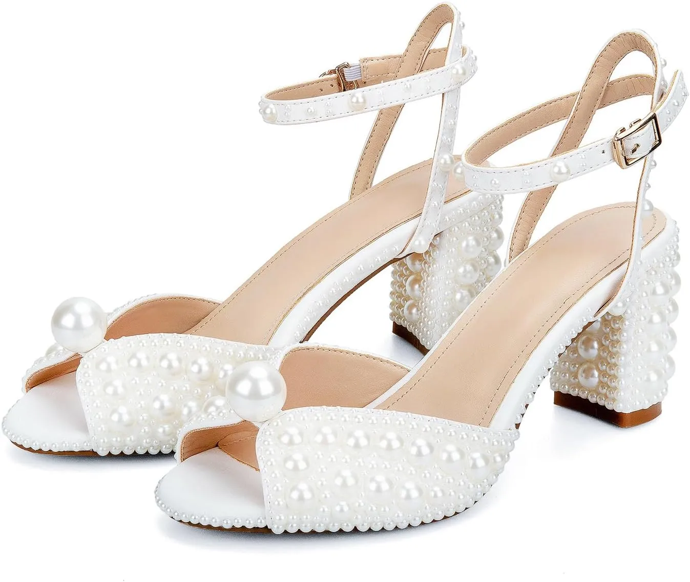 Goolita Full Pearl Heels For Women Block Buckle Ankle Strap Heeled Sandals Rhinestone Open Toe Evening Bridal Shoes For Wedding