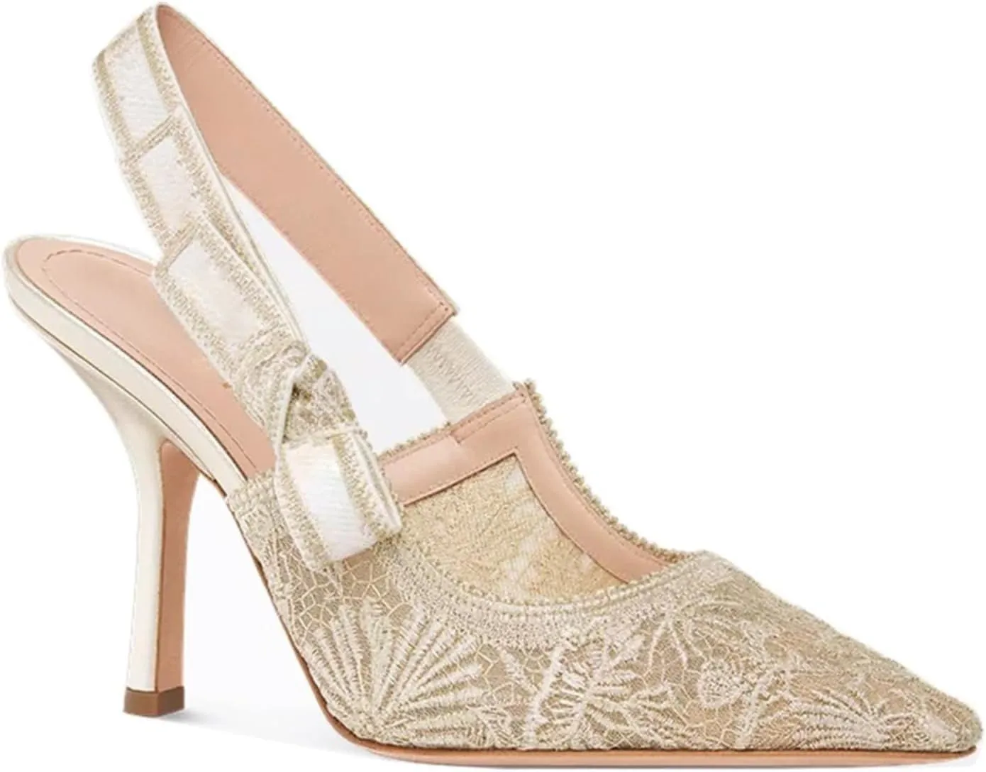 Goolita Pointed Closed Toe Pearl Slingback Heels for Women, Mesh Bow Evening Pump Stiletto High Heels Backless Party Bridal Shoes for Wedding