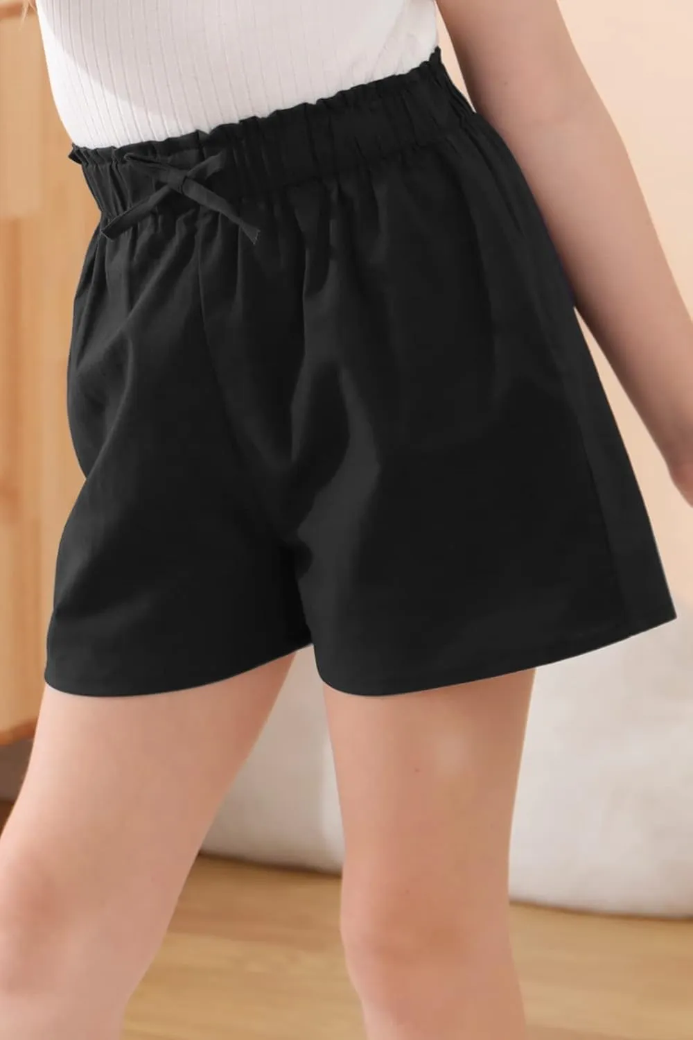 GORLYA 2 Pack Girls Paper Bag Elastic Waist Frilly Trim Linen Twill Casual Shorts with Pockets for 4-14T