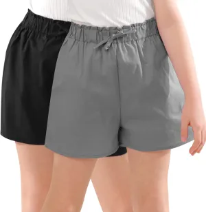 GORLYA 2 Pack Girls Paper Bag Elastic Waist Frilly Trim Linen Twill Casual Shorts with Pockets for 4-14T