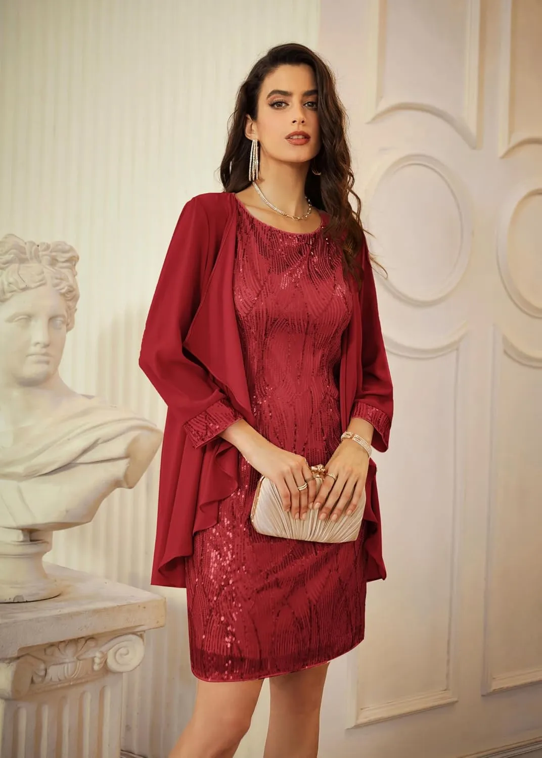 GRACE KARIN Sequin Dress for Women Knee Length Mother of the Bride Dresses Formal Dress Two Piece Dress with Chiffon Jacket