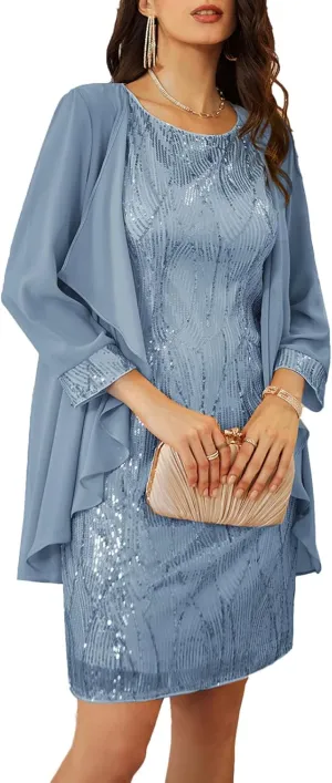 GRACE KARIN Sequin Dress for Women Knee Length Mother of the Bride Dresses Formal Dress Two Piece Dress with Chiffon Jacket