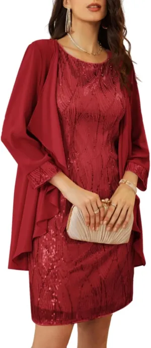 GRACE KARIN Sequin Dress for Women Knee Length Mother of the Bride Dresses Formal Dress Two Piece Dress with Chiffon Jacket