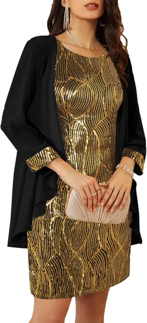 GRACE KARIN Sequin Dress for Women Knee Length Mother of the Bride Dresses Formal Dress Two Piece Dress with Chiffon Jacket