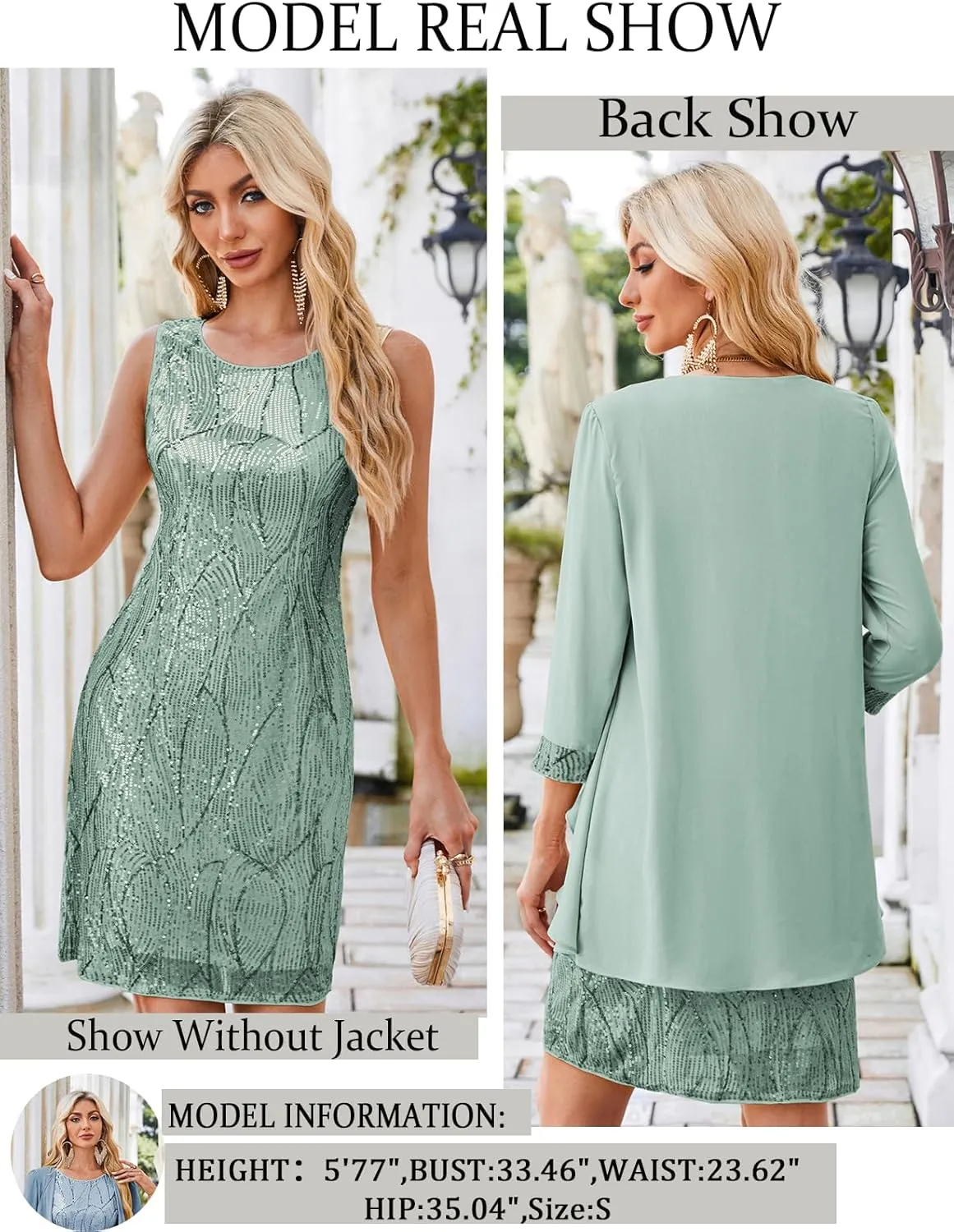 GRACE KARIN Sequin Dress for Women Knee Length Mother of the Bride Dresses Formal Dress Two Piece Dress with Chiffon Jacket