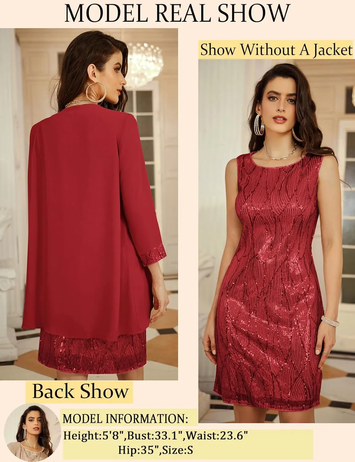 GRACE KARIN Sequin Dress for Women Knee Length Mother of the Bride Dresses Formal Dress Two Piece Dress with Chiffon Jacket