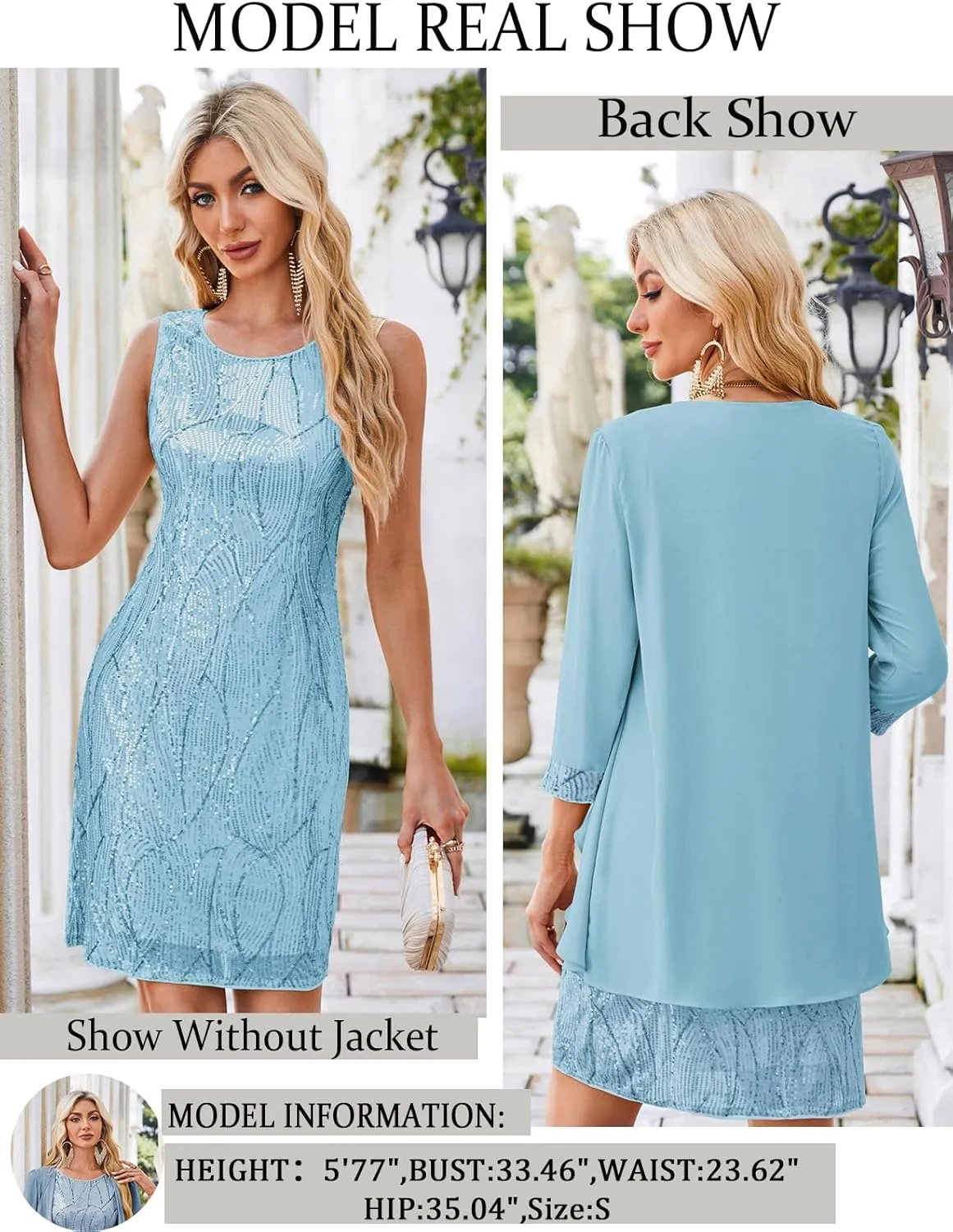 GRACE KARIN Sequin Dress for Women Knee Length Mother of the Bride Dresses Formal Dress Two Piece Dress with Chiffon Jacket