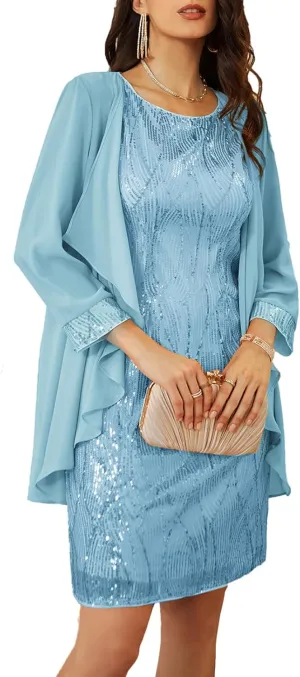 GRACE KARIN Sequin Dress for Women Knee Length Mother of the Bride Dresses Formal Dress Two Piece Dress with Chiffon Jacket