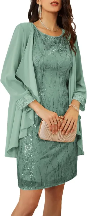 GRACE KARIN Sequin Dress for Women Knee Length Mother of the Bride Dresses Formal Dress Two Piece Dress with Chiffon Jacket