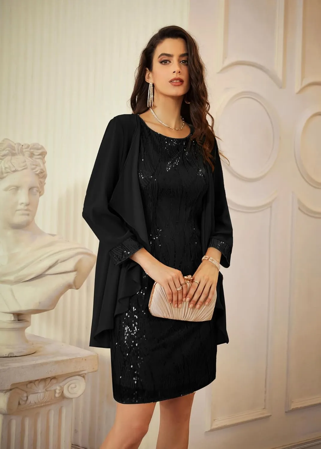 GRACE KARIN Sequin Dress for Women Knee Length Mother of the Bride Dresses Formal Dress Two Piece Dress with Chiffon Jacket