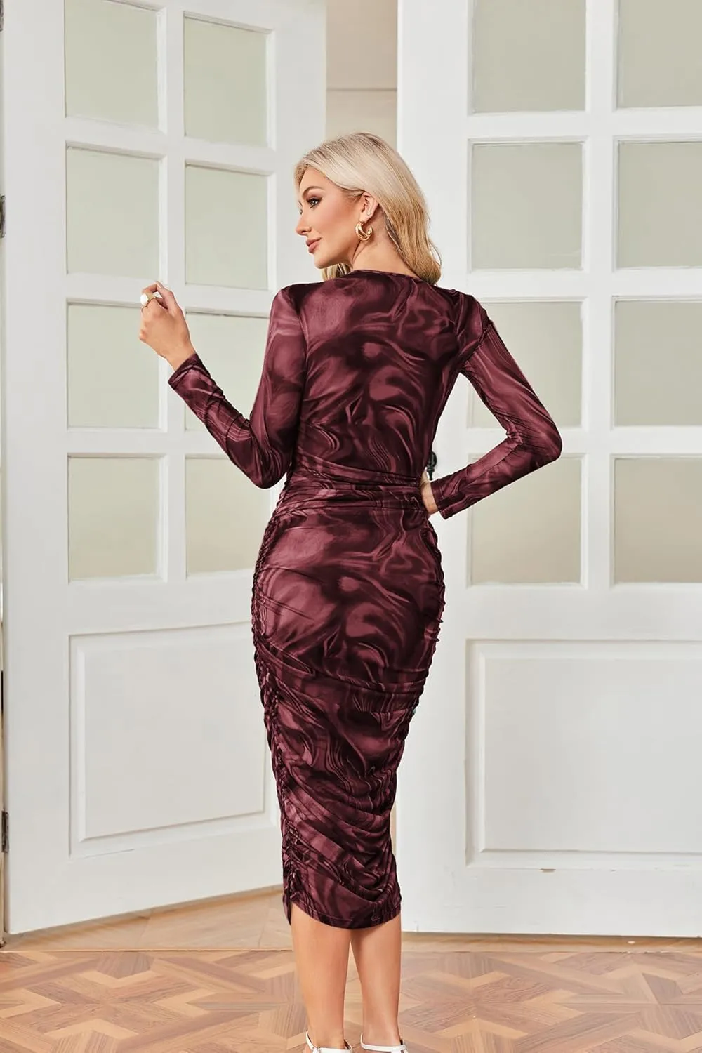 GRACE KARIN Women's Ruched Wrap Bodycon Dresses Mesh Print Fall Formal Midi Dress Long Sleeve Fitted Tight Party Club Dress