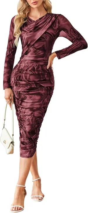 GRACE KARIN Women's Ruched Wrap Bodycon Dresses Mesh Print Fall Formal Midi Dress Long Sleeve Fitted Tight Party Club Dress