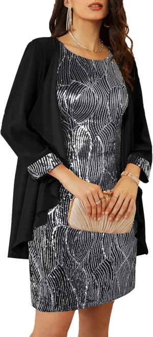 GRACE KARIN Women's Sequin Dress - Wedding Guest & Mother of The Bride Formal Dress - Two Piece Knee Length