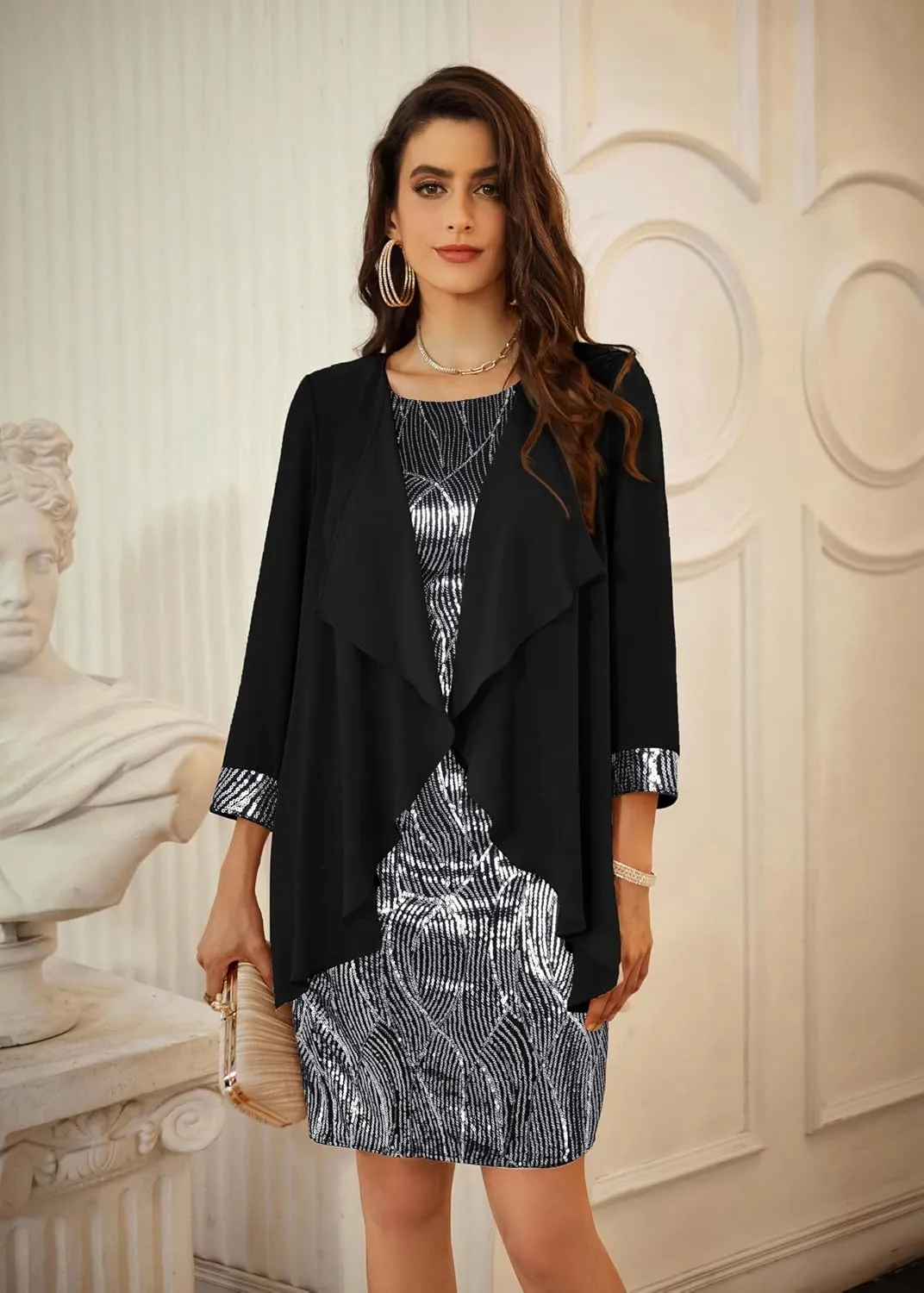 GRACE KARIN Women's Sequin Dress - Wedding Guest & Mother of The Bride Formal Dress - Two Piece Knee Length