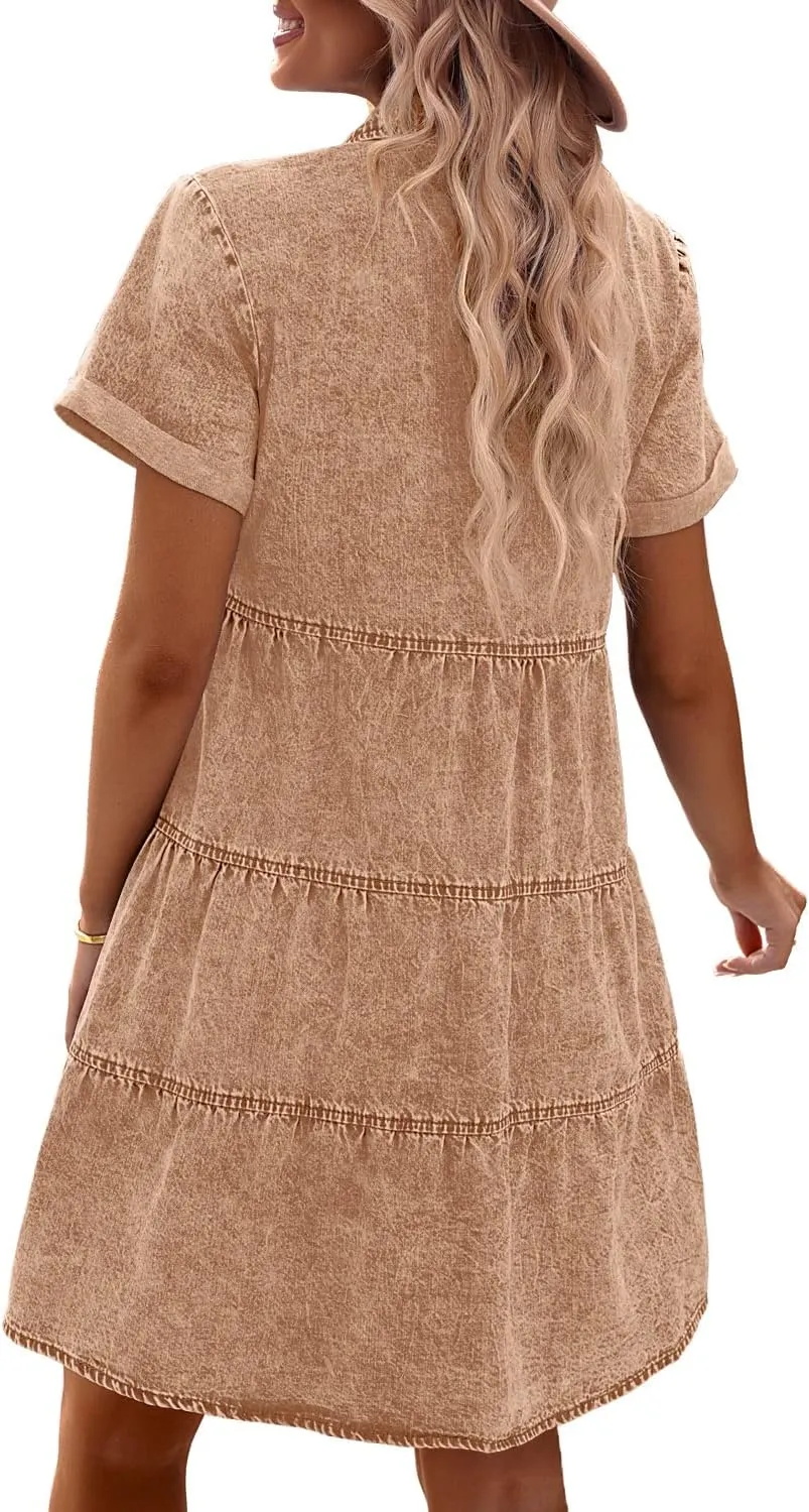 GRAPENT Denim Dress for Women Babydoll Tiered Short Sleeve Button Down Jean Shirt Dresses