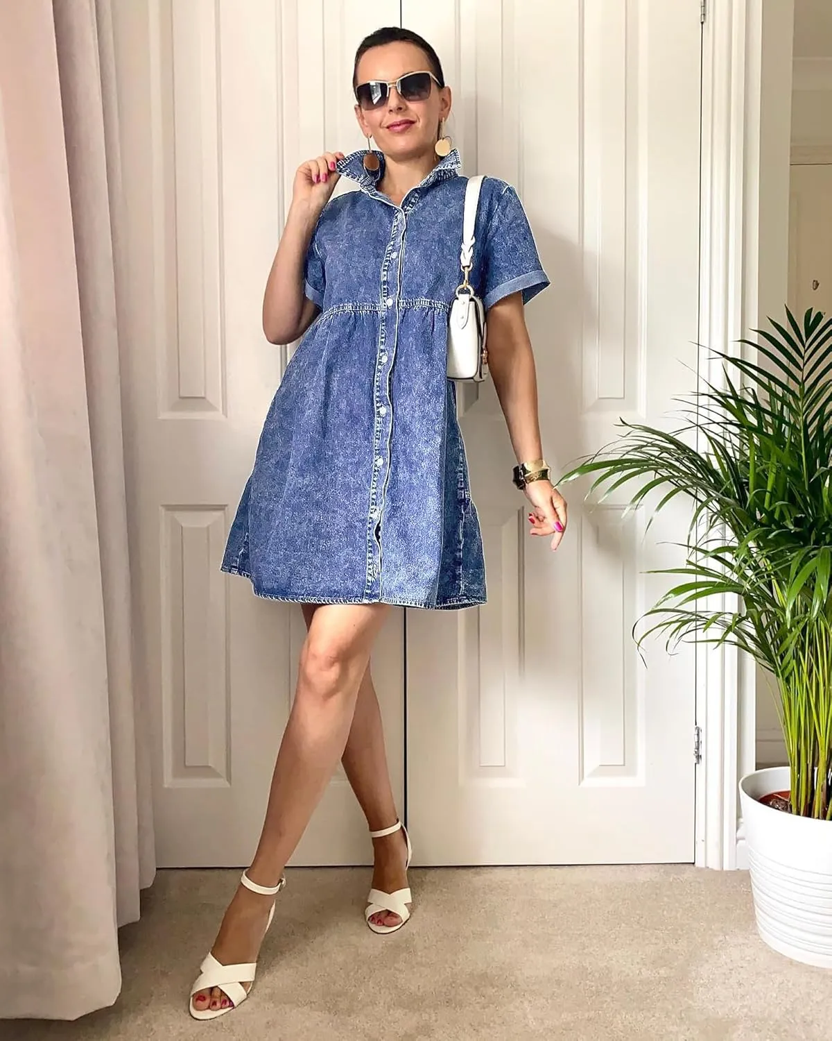 GRAPENT Denim Dress for Women Babydoll Tiered Short Sleeve Button Down Jean Shirt Dresses