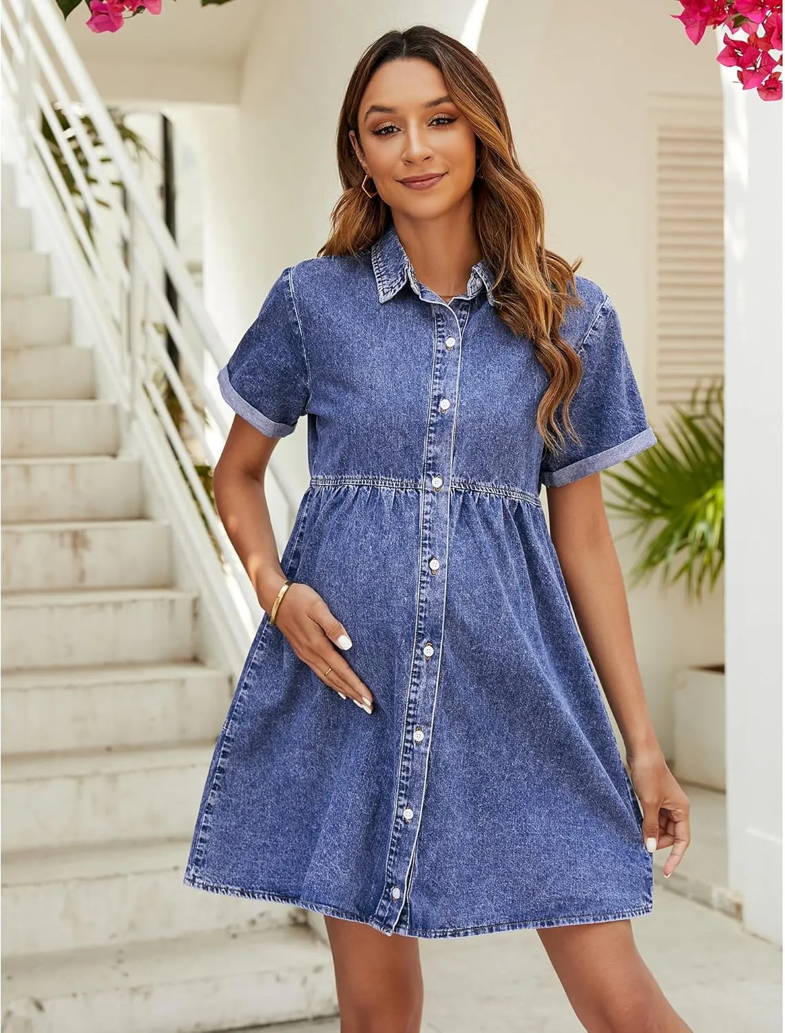 GRAPENT Denim Dress for Women Babydoll Tiered Short Sleeve Button Down Jean Shirt Dresses