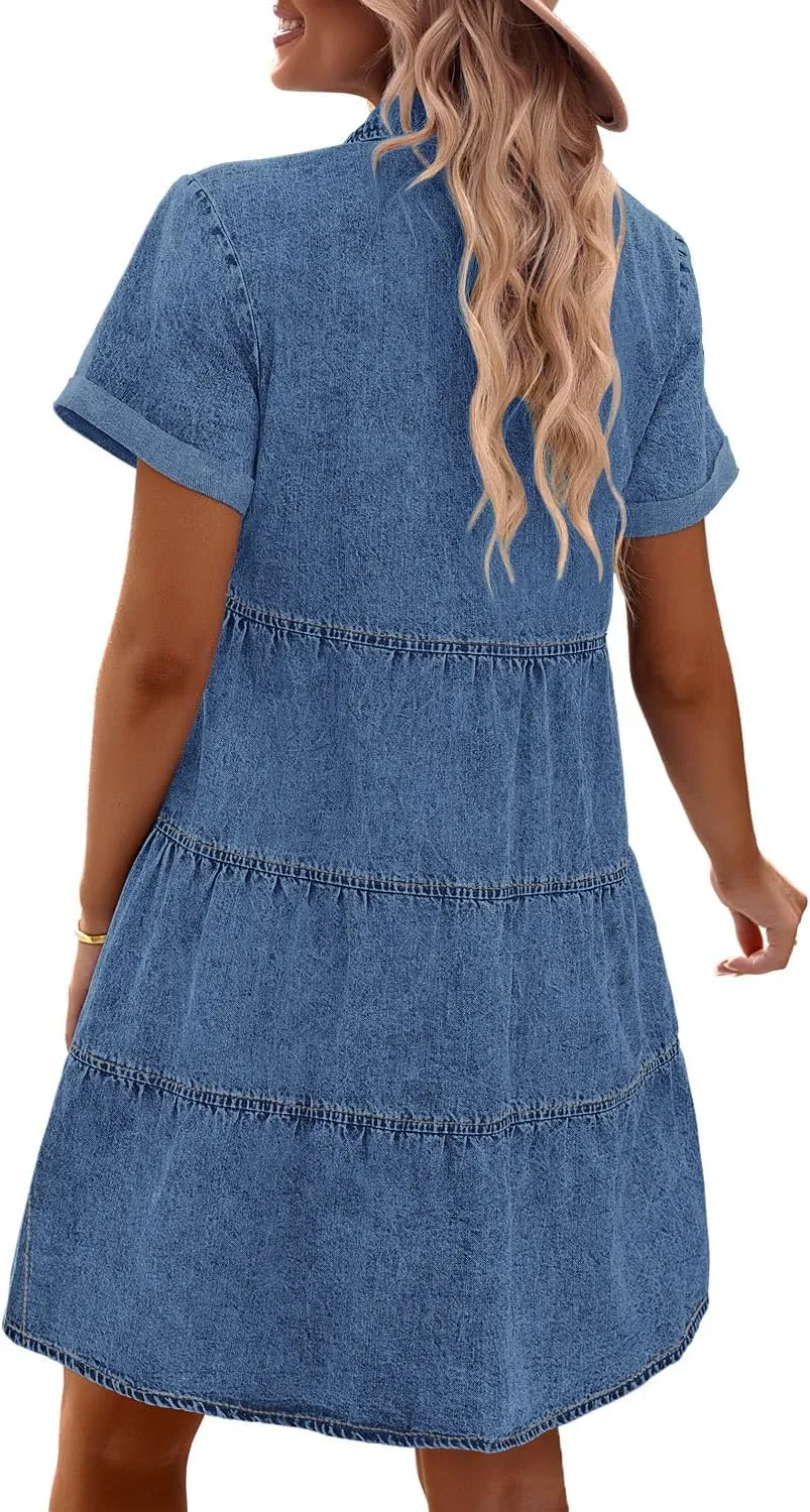 GRAPENT Denim Dress for Women Babydoll Tiered Short Sleeve Button Down Jean Shirt Dresses
