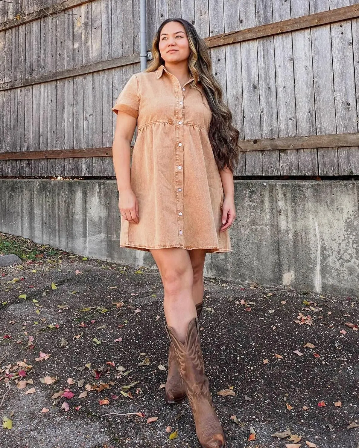 GRAPENT Denim Dress for Women Babydoll Tiered Short Sleeve Button Down Jean Shirt Dresses