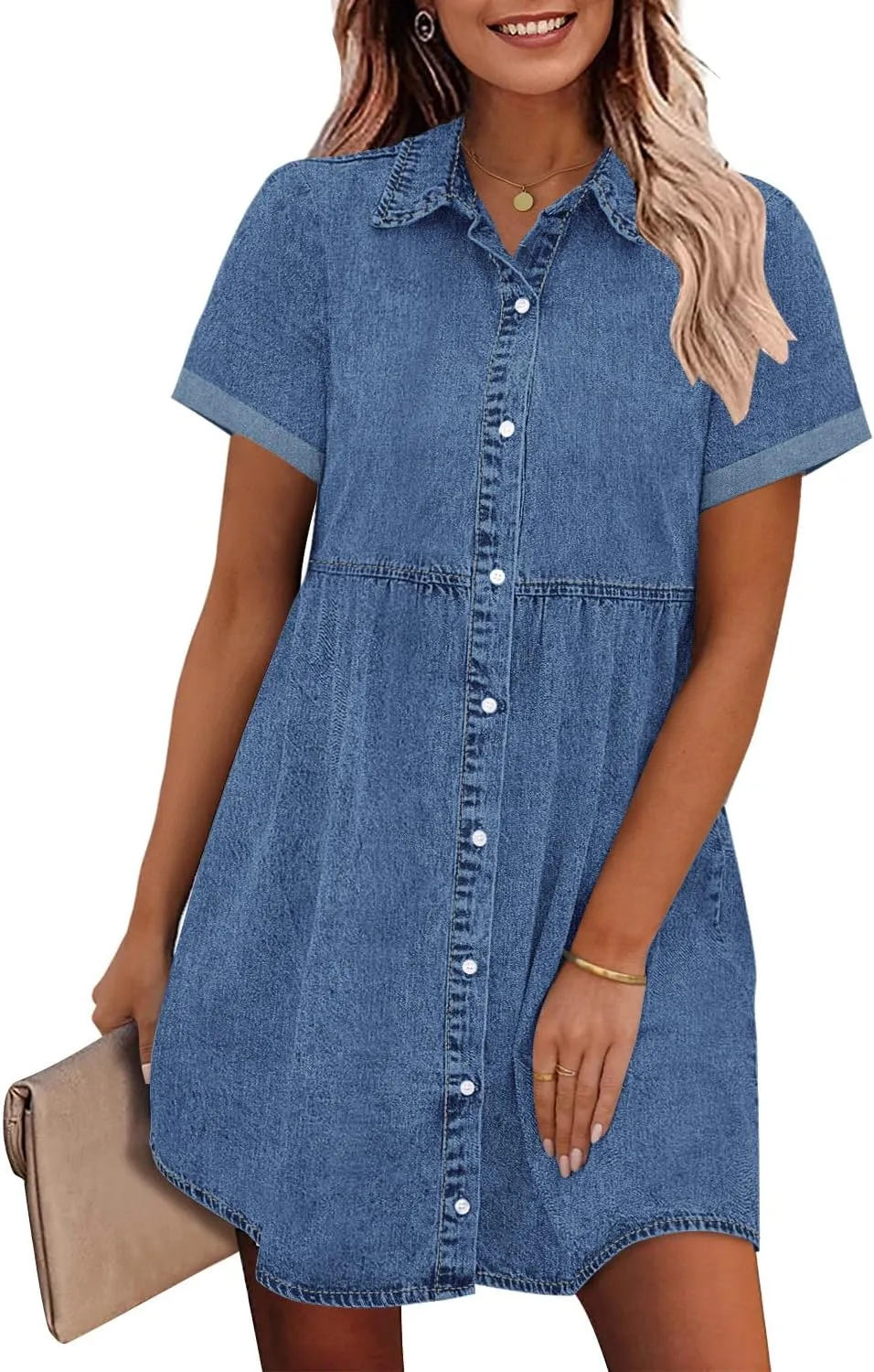 GRAPENT Denim Dress for Women Babydoll Tiered Short Sleeve Button Down Jean Shirt Dresses