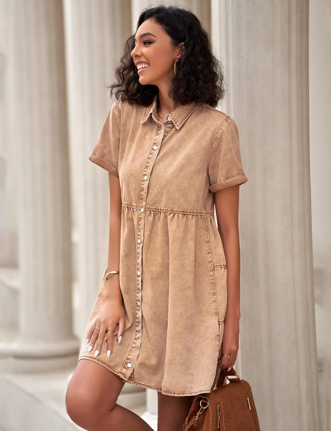 GRAPENT Denim Dress for Women Babydoll Tiered Short Sleeve Button Down Jean Shirt Dresses