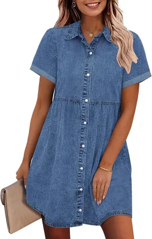 GRAPENT Denim Dress for Women Babydoll Tiered Short Sleeve Button Down Jean Shirt Dresses