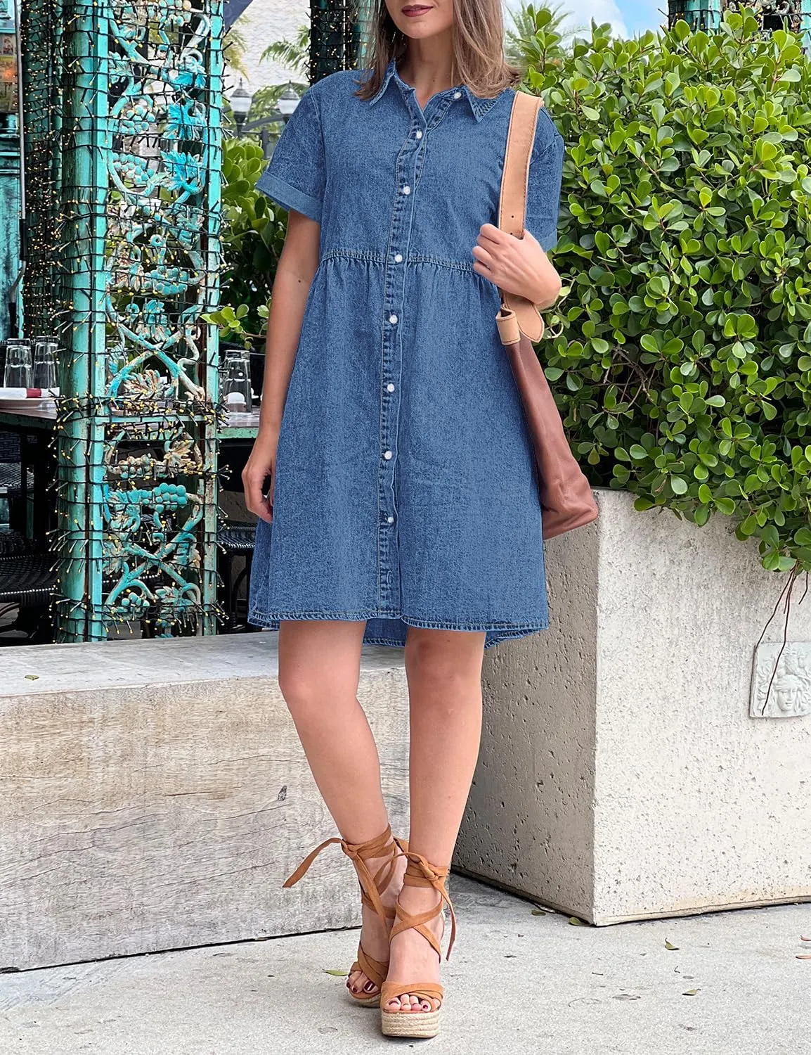 GRAPENT Denim Dress for Women Babydoll Tiered Short Sleeve Button Down Jean Shirt Dresses